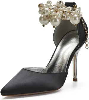 ADMLZQQ Women Pumps Closed Toe Pearl Ankle Strap High Heel Satin Evening Wedding Dress Shoes
