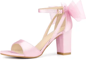 Allegra K Women's Bow Shoes Open Toe Chunky Heel Sandals