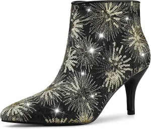 Allegra K Women's Glitter Sparkle Lace Stiletto Heels Party Sequin Ankle Boots
