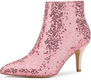 Allegra K Women's Glitter Sparkle Lace Stiletto Heels Party Sequin Ankle Boots