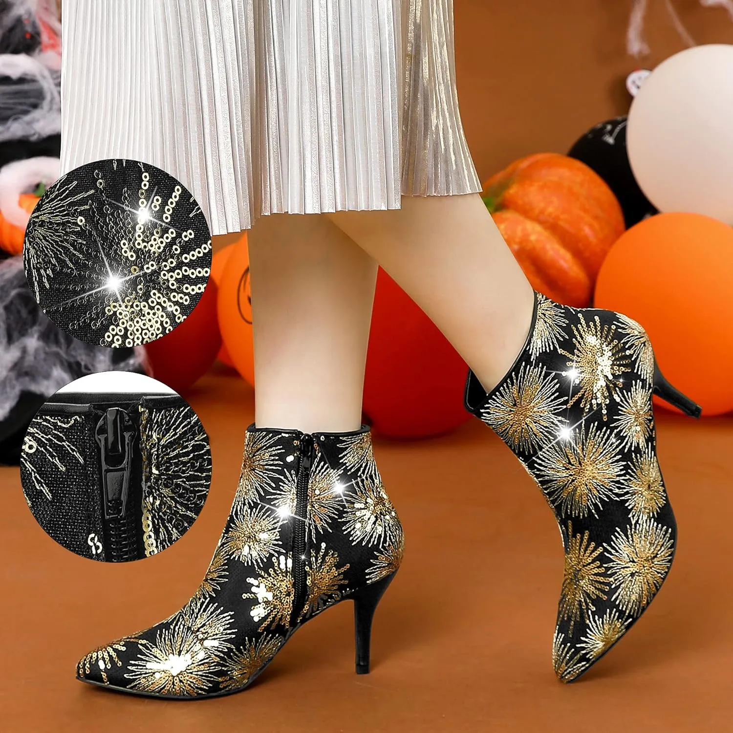 Allegra K Women's Glitter Sparkle Lace Stiletto Heels Party Sequin Ankle Boots