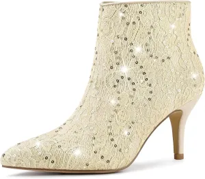 Allegra K Women's Glitter Sparkle Lace Stiletto Heels Party Sequin Ankle Boots