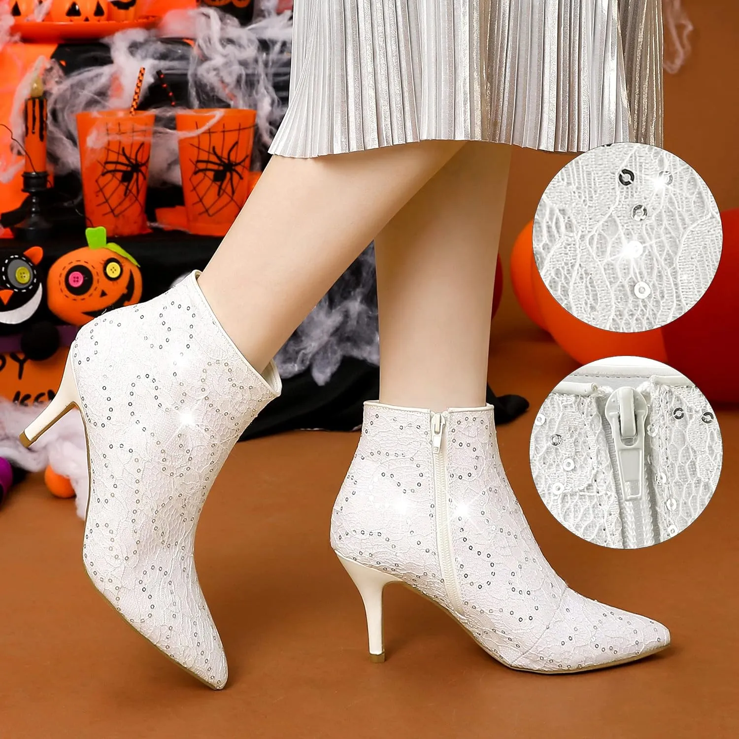 Allegra K Women's Glitter Sparkle Lace Stiletto Heels Party Sequin Ankle Boots
