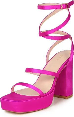 Allegra K Women's Platform Heels Square Toe Chunky High Heel Satin Sandals