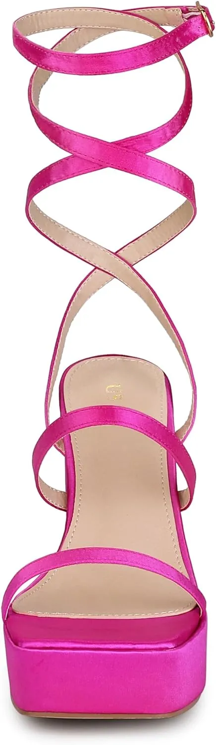 Allegra K Women's Platform Heels Square Toe Chunky High Heel Satin Sandals