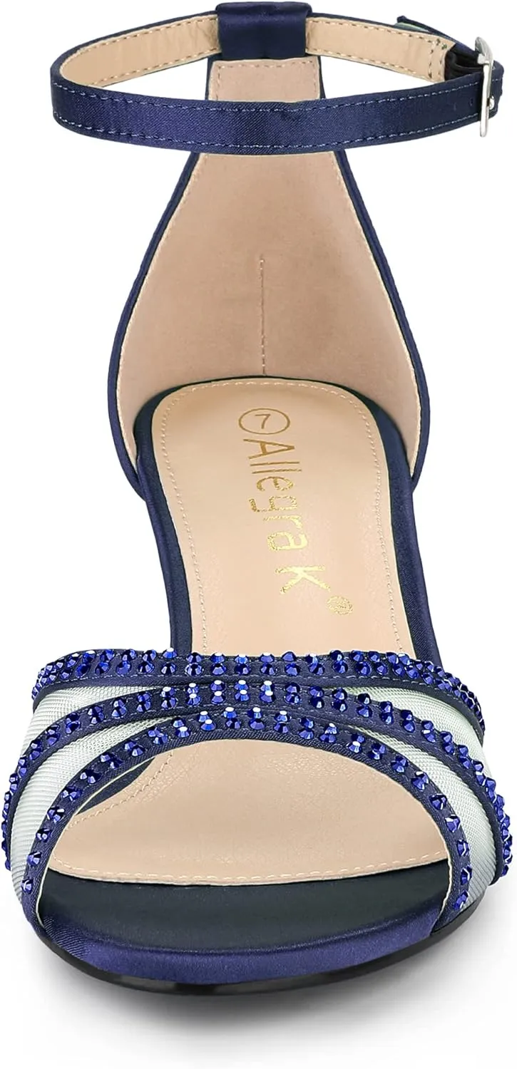 Allegra K Women's Rhinestone Mesh Kitten Heels Sandals