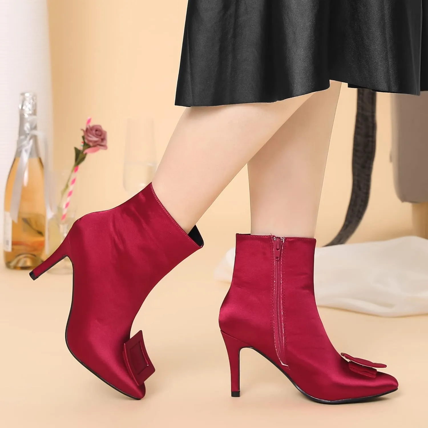 Allegra K Women's Satin Pointed Toe Detachable Buckle Stiletto Heels Dress Ankle Boots
