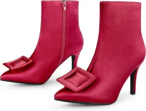 Allegra K Women's Satin Pointed Toe Detachable Buckle Stiletto Heels Dress Ankle Boots