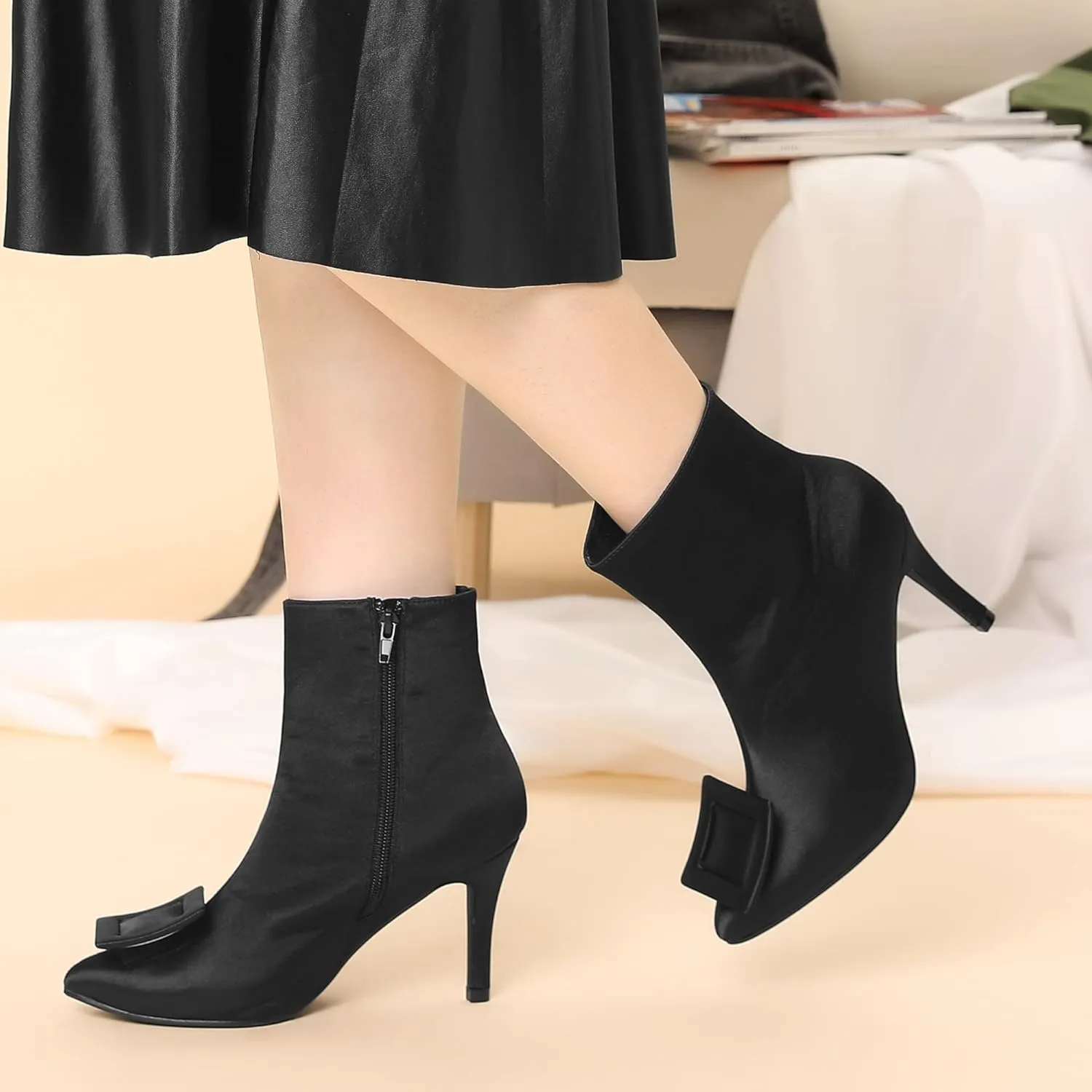 Allegra K Women's Satin Pointed Toe Detachable Buckle Stiletto Heels Dress Ankle Boots
