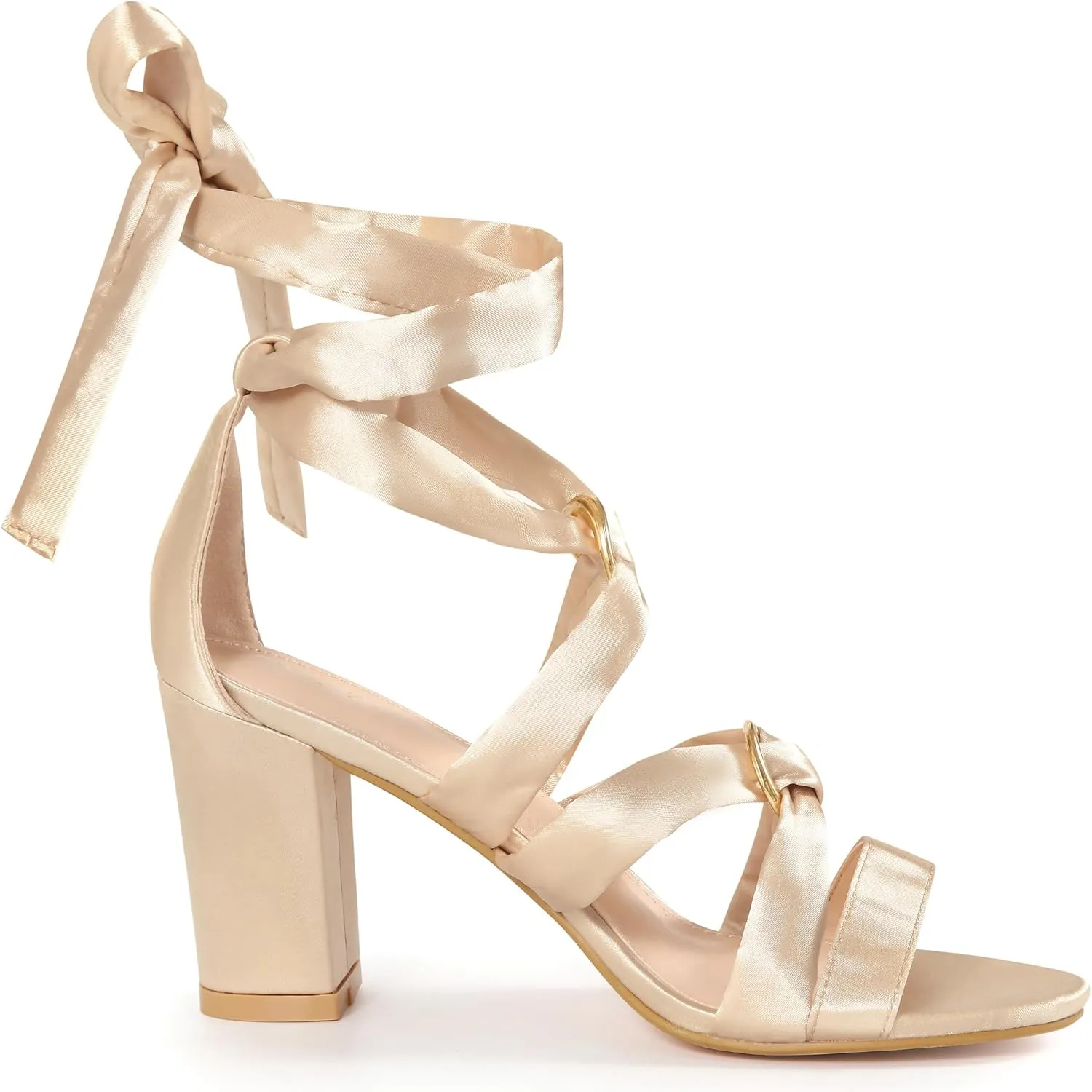 Allegra K Women's Strappy Lace Up Satin Chunky Heel Sandals