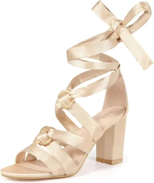 Allegra K Women's Strappy Lace Up Satin Chunky Heel Sandals