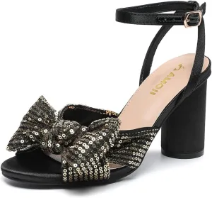 Amoji Women's Block Sequin Heeled 3.7 Inch Sandal Bowknot Ankle Strap Wedding Party Dress Shoes 304