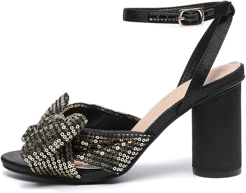 Amoji Women's Block Sequin Heeled 3.7 Inch Sandal Bowknot Ankle Strap Wedding Party Dress Shoes 304