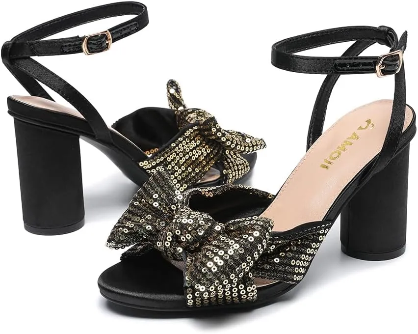 Amoji Women's Block Sequin Heeled 3.7 Inch Sandal Bowknot Ankle Strap Wedding Party Dress Shoes 304
