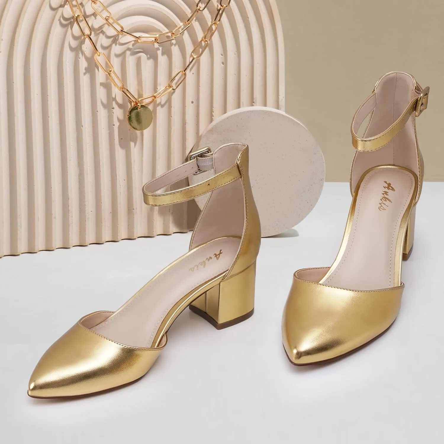 Ankis Closed Toe Heels for Women -Black Nude Gold Silver Pointed Toe Heels Low Block Chunky Women Pumps with Ankle Strap -2.25 Inch