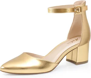 Ankis Closed Toe Heels for Women -Black Nude Gold Silver Pointed Toe Heels Low Block Chunky Women Pumps with Ankle Strap -2.25 Inch