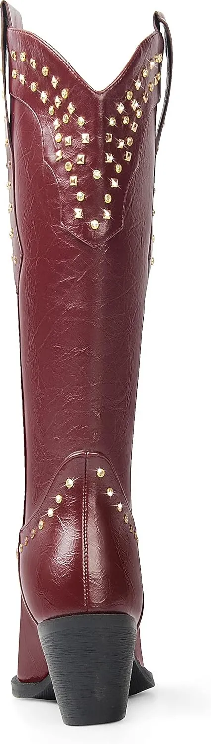 ANN CREEK Women Cowboy Boots Ladies Knee High Cowgirl Boots Western Boots Chunky Sequin High Heel Wide Calf Country Boots