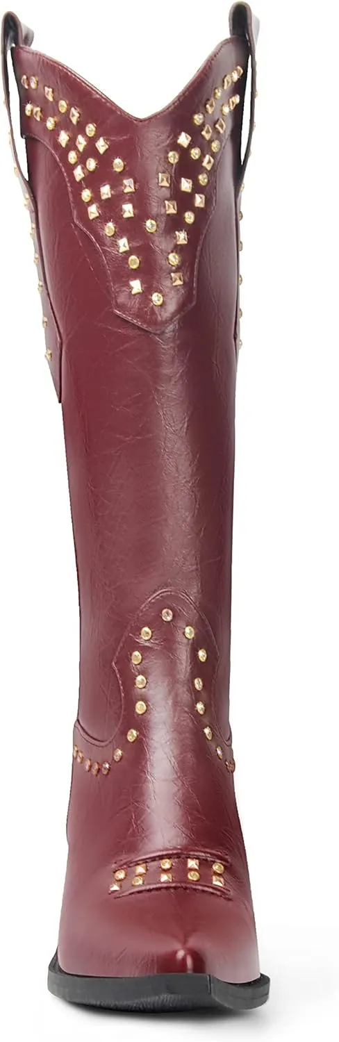 ANN CREEK Women Cowboy Boots Ladies Knee High Cowgirl Boots Western Boots Chunky Sequin High Heel Wide Calf Country Boots