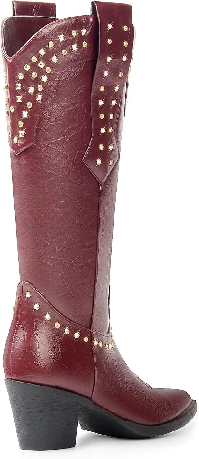 ANN CREEK Women Cowboy Boots Ladies Knee High Cowgirl Boots Western Boots Chunky Sequin High Heel Wide Calf Country Boots