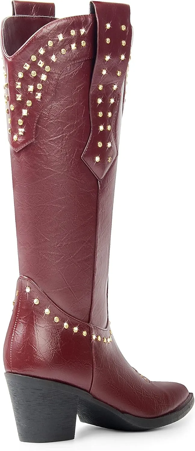 ANN CREEK Women Cowboy Boots Ladies Knee High Cowgirl Boots Western Boots Chunky Sequin High Heel Wide Calf Country Boots
