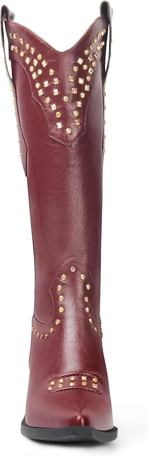 ANN CREEK Women Cowboy Boots Ladies Knee High Cowgirl Boots Western Boots Chunky Sequin High Heel Wide Calf Country Boots