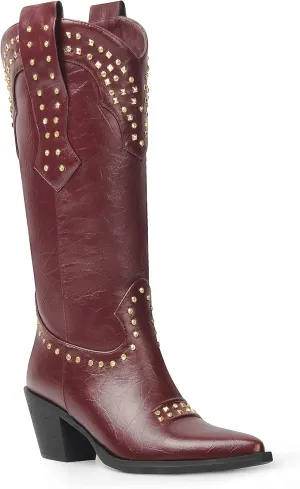 ANN CREEK Women Cowboy Boots Ladies Knee High Cowgirl Boots Western Boots Chunky Sequin High Heel Wide Calf Country Boots