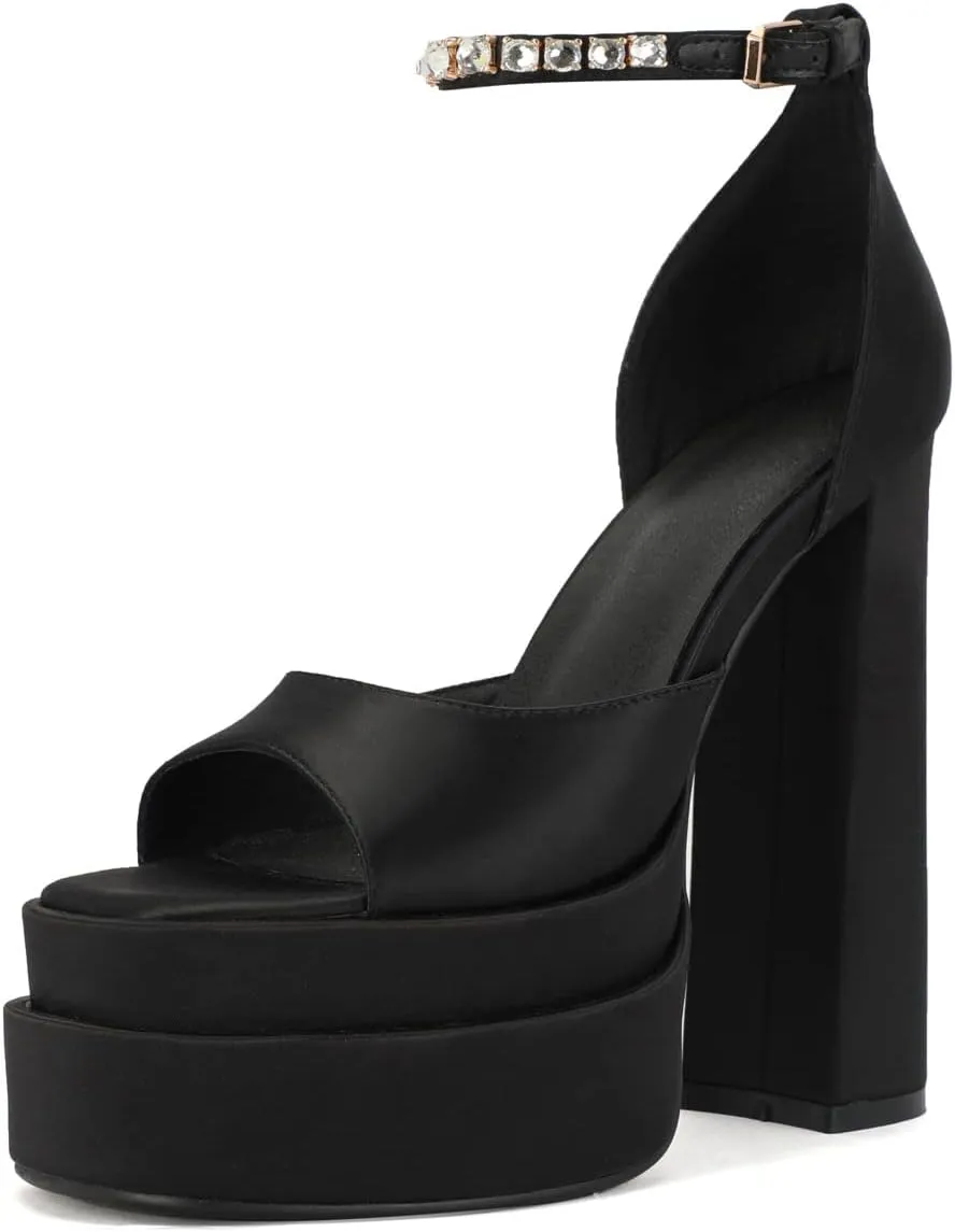 Arqa Platform Sandals Rhinestones Ankle Strap Pumps Peep Toe Silk High Heels Wedding Dres Chunky Heeled Sandal