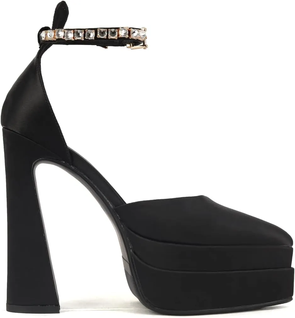 Arqa Women's Platform Heel Pumps Rhinestone Ankle Strap Pointed Toe High Heels Satin Silk Platforms Dress Wedding Shoes