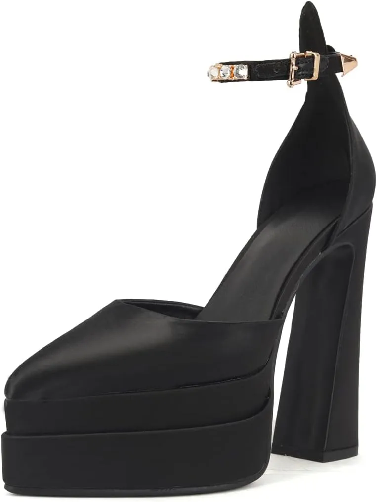 Arqa Women's Platform Heel Pumps Rhinestone Ankle Strap Pointed Toe High Heels Satin Silk Platforms Dress Wedding Shoes