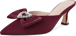 AUMOTED Women Kitten Heel Mules Rhinestone Bow Sandals Pointed Toe Heeled Mule Slip On Low Heels Slipper Glitter Mesh Wedding Bridal Shoes 2.5 Inch
