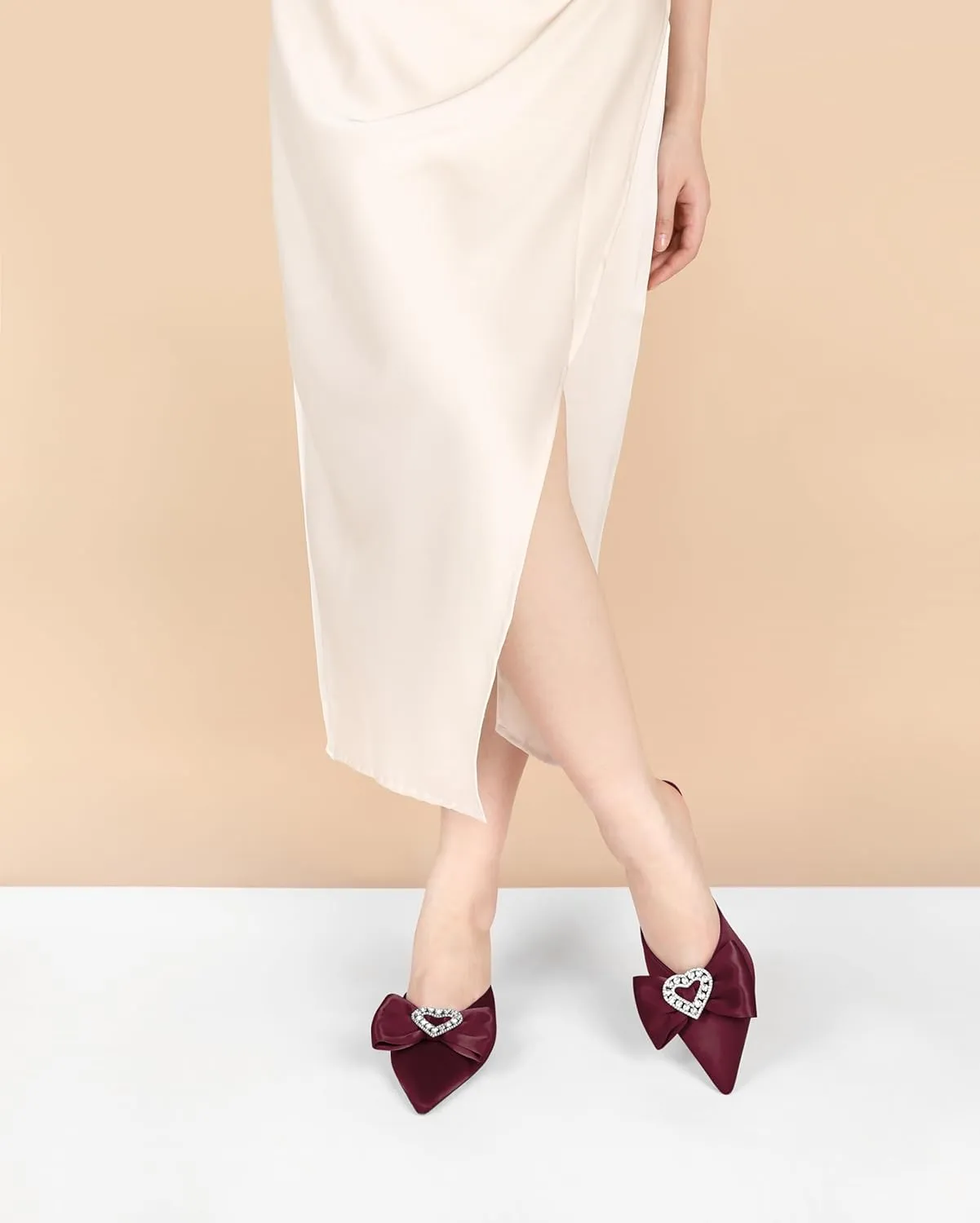 AUMOTED Women Kitten Heel Mules Rhinestone Bow Sandals Pointed Toe Heeled Mule Slip On Low Heels Slipper Glitter Mesh Wedding Bridal Shoes 2.5 Inch