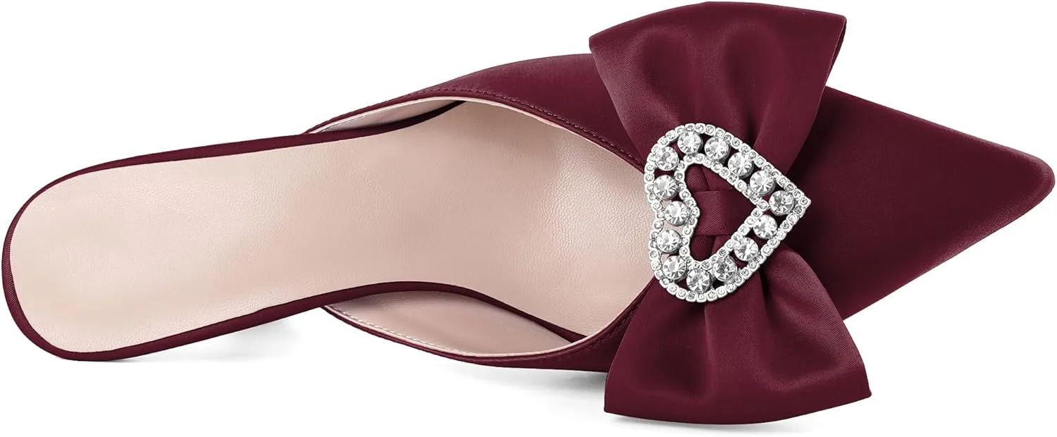 AUMOTED Women Kitten Heel Mules Rhinestone Bow Sandals Pointed Toe Heeled Mule Slip On Low Heels Slipper Glitter Mesh Wedding Bridal Shoes 2.5 Inch