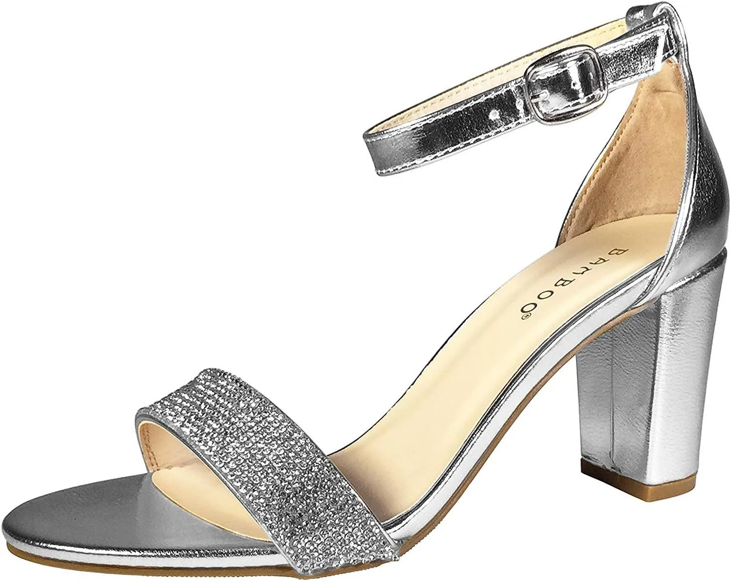 BAMBOO Women's Embellished Single Band Mid Chunky Heel Sandal with Ankle Strap