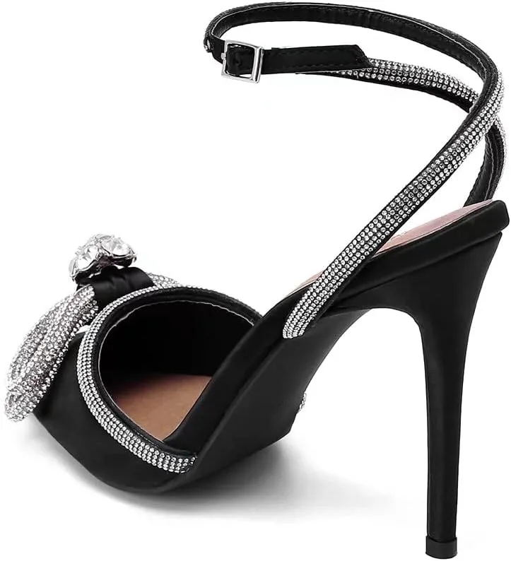 Bieosnli Women's Satin Lace Up High Heel Sandals Ankle Buckle Straps Pump Rhinestone Strip Bowknot Pointed Toe Stiletto Sandals