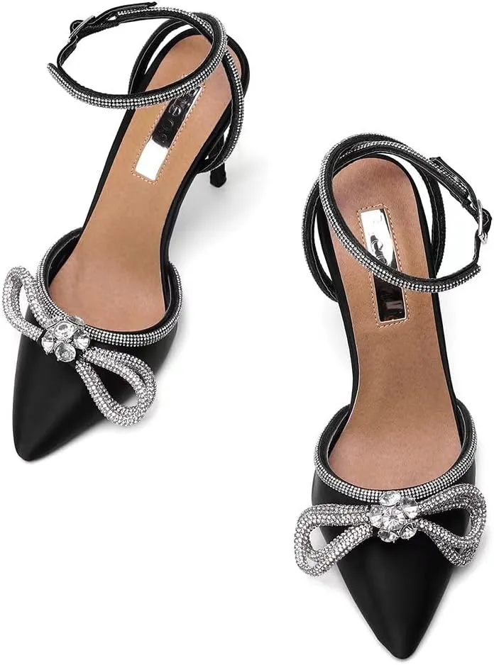 Bieosnli Women's Satin Lace Up High Heel Sandals Ankle Buckle Straps Pump Rhinestone Strip Bowknot Pointed Toe Stiletto Sandals