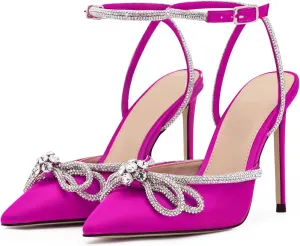 Bieosnli Women's Satin Lace Up High Heel Sandals Ankle Buckle Straps Pump Rhinestone Strip Bowknot Pointed Toe Stiletto Sandals