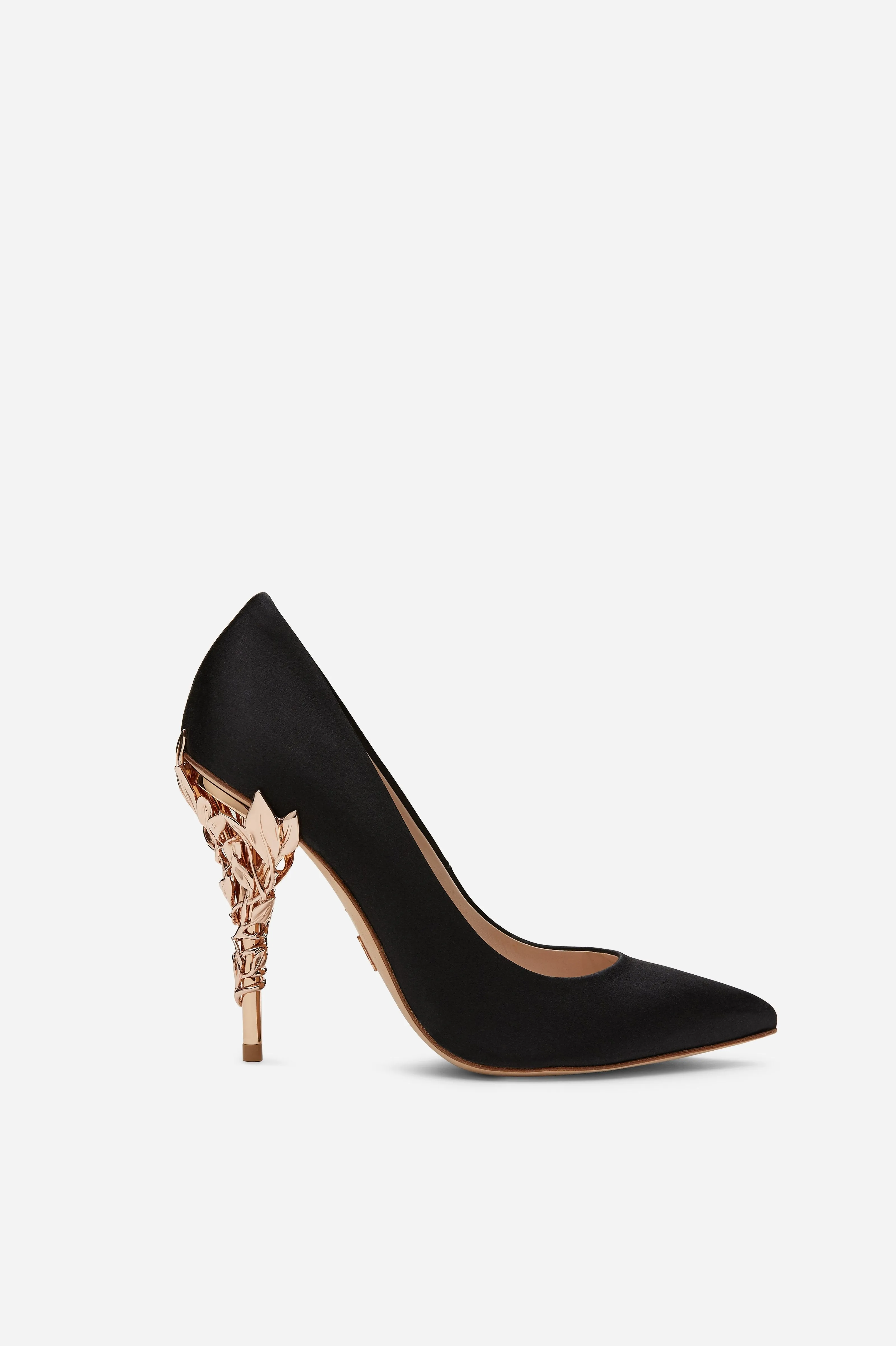 Black Satin Eden Heels with Rose Gold Leaves