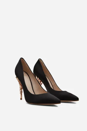 Black Satin Eden Heels with Rose Gold Leaves