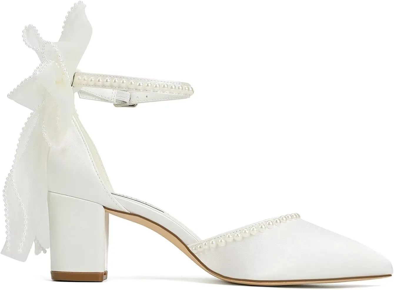 Block Heel Wedding Shoes for Bride Closed Toe Wedding Heels with Bow Pearl Bridal Shoes