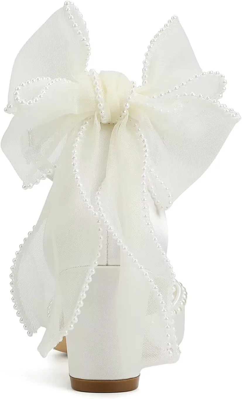 Block Heel Wedding Shoes for Bride Closed Toe Wedding Heels with Bow Pearl Bridal Shoes