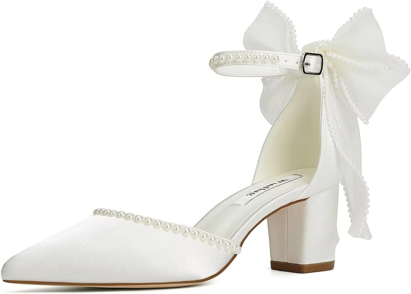 Block Heel Wedding Shoes for Bride Closed Toe Wedding Heels with Bow Pearl Bridal Shoes