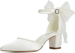 Block Heel Wedding Shoes for Bride Closed Toe Wedding Heels with Bow Pearl Bridal Shoes