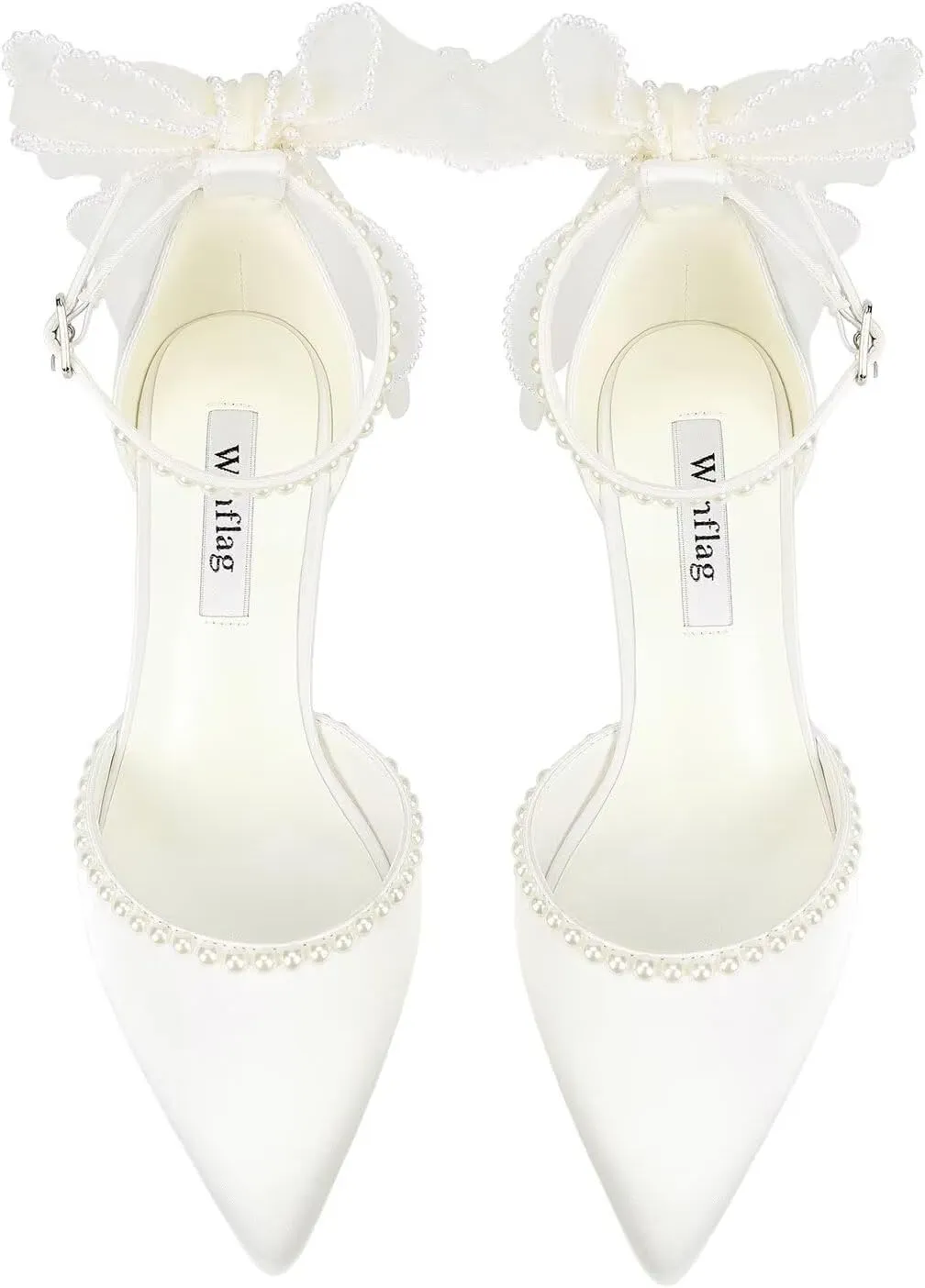 Block Heel Wedding Shoes for Bride Closed Toe Wedding Heels with Bow Pearl Bridal Shoes