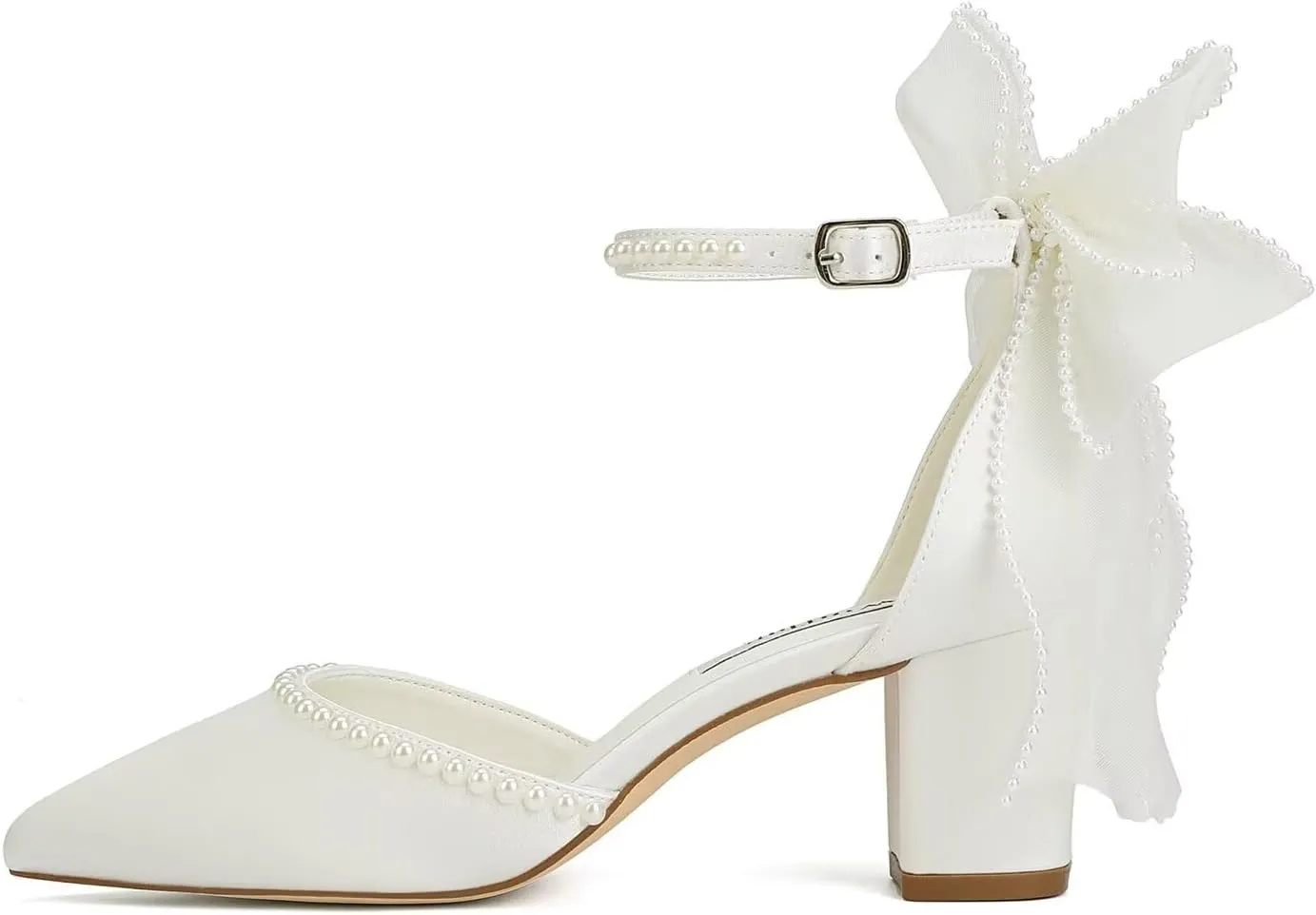Block Heel Wedding Shoes for Bride Closed Toe Wedding Heels with Bow Pearl Bridal Shoes