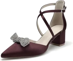 Block Heel Wedding Shoes for Bride with Bow Cross Strap Wedding Heels Pointed Toe Bridal Shoes
