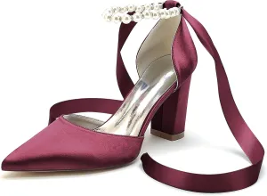 Bridal Chunky Heels Satin Pearls High Block Heel Wedding Shoes for Bride Pointed Toe Ribbons Women Pumps Evening Heeled Sandals 8.5Cm