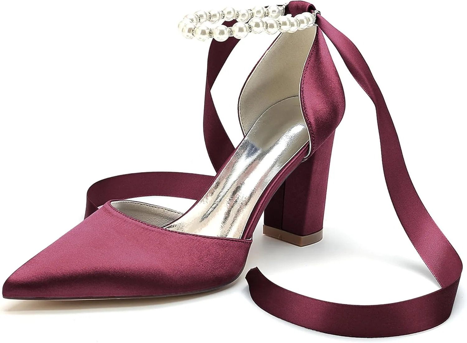 Bridal Chunky Heels Satin Pearls High Block Heel Wedding Shoes for Bride Pointed Toe Ribbons Women Pumps Evening Heeled Sandals 8.5Cm