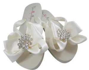 Bridal Flip Flops with Large Jewel Satin Bows, Ivory White