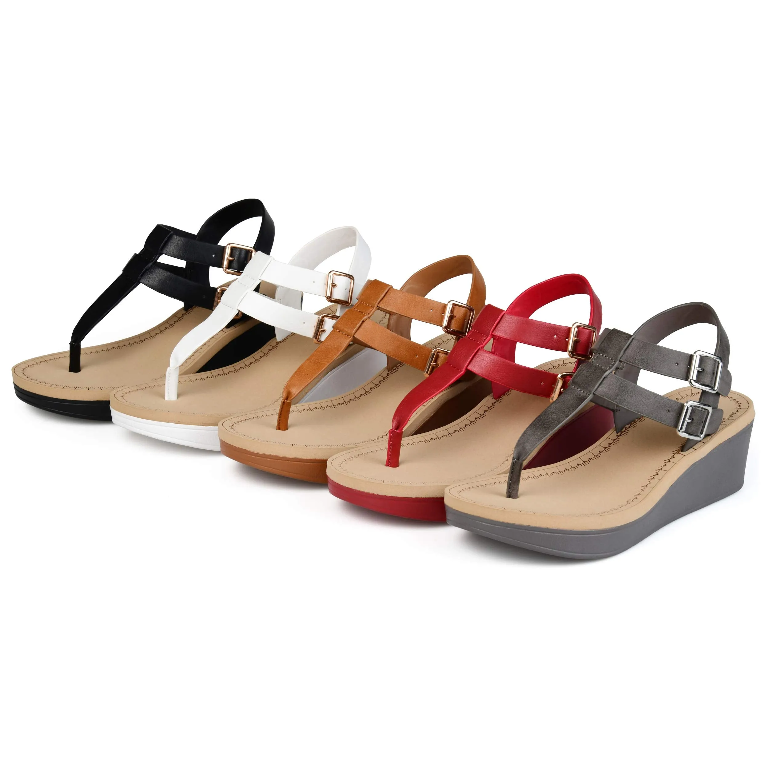Brinley Co. Womens T-Strap Wedge Sandal Black, 6.5 Regular US
