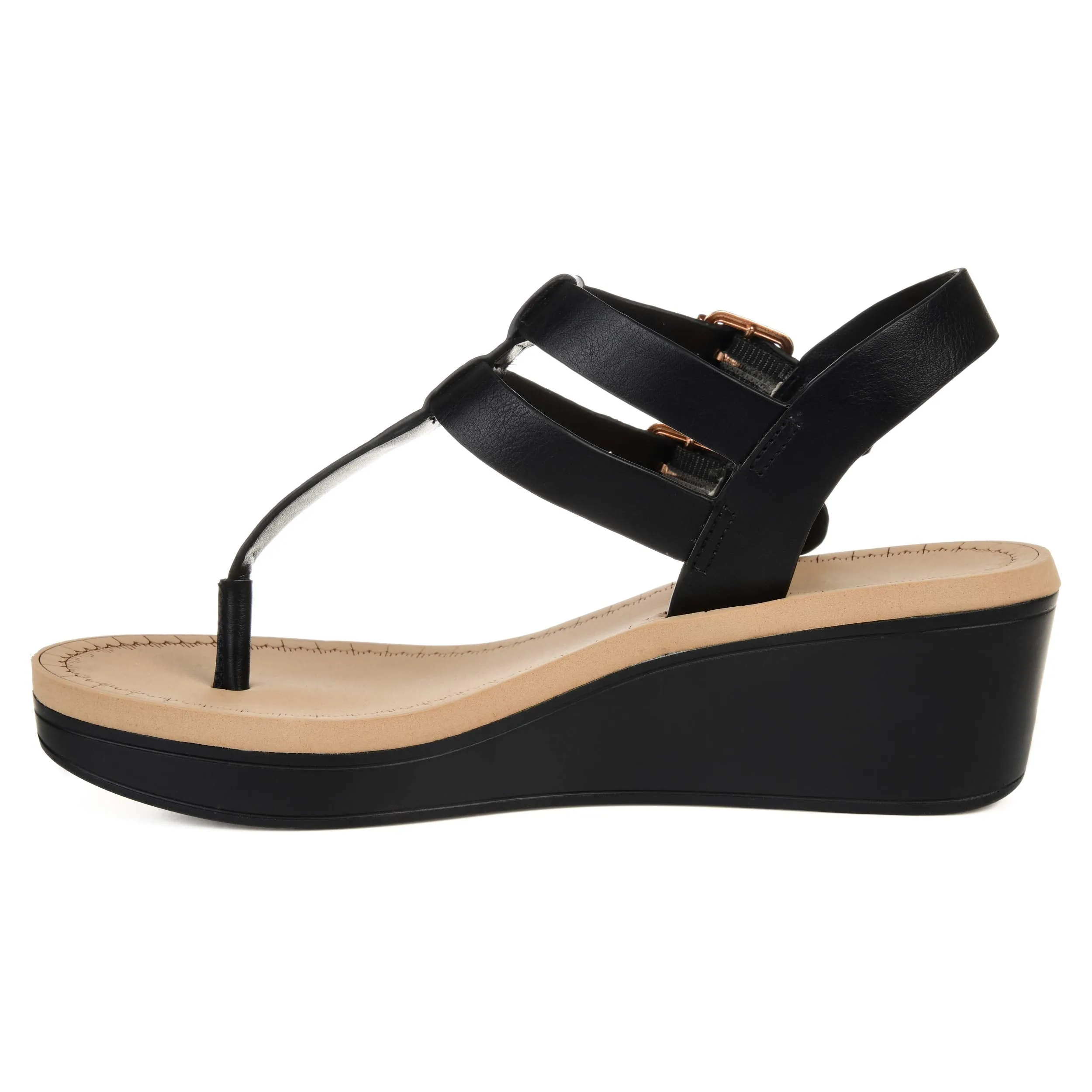 Brinley Co. Womens T-Strap Wedge Sandal Black, 6.5 Regular US